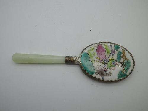 Chinese ceramic & Jadite hand held handle mirror. Boxed