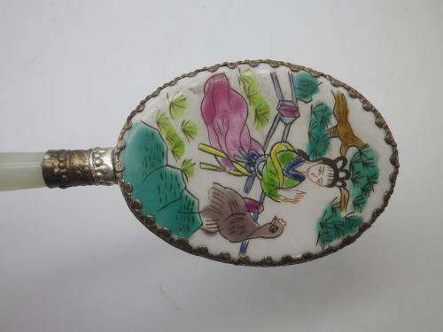 Chinese ceramic & Jadite hand held handle mirror. Boxed