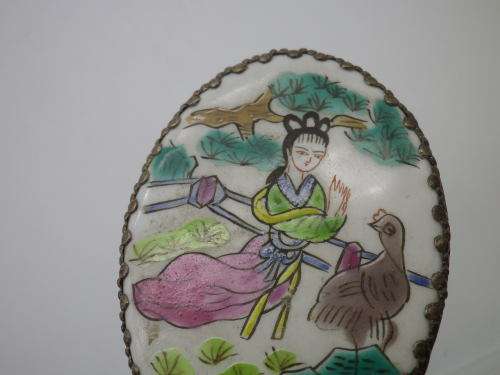 Chinese ceramic & Jadite hand held handle mirror. Boxed