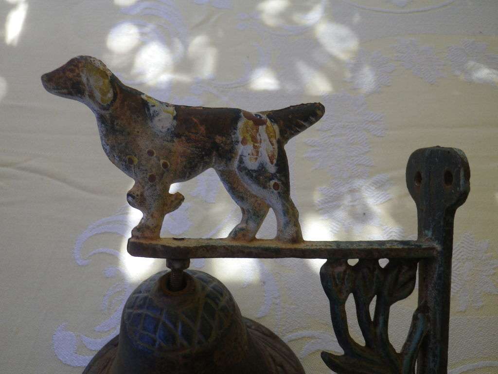 FOR FANGSA ONLY PLEASE!! Antique Cast Iron Shop Bell with Beagle Decoration