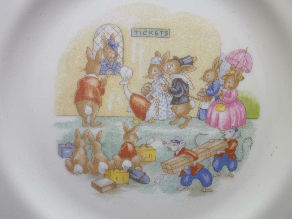FOR MERIDIAM ONLY!! Royal Doulton BUNNYKINS Large Plate 20cm. Bunnies buy train tickets