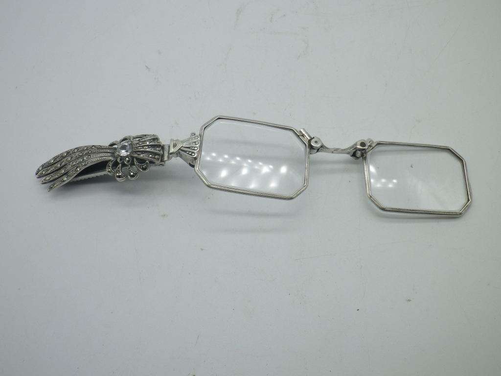 FOR ANDREA ONLY PLEASE!! Victorian Silver, Marcasite & Crystal Folding LORGNETTE Opera Glasses
