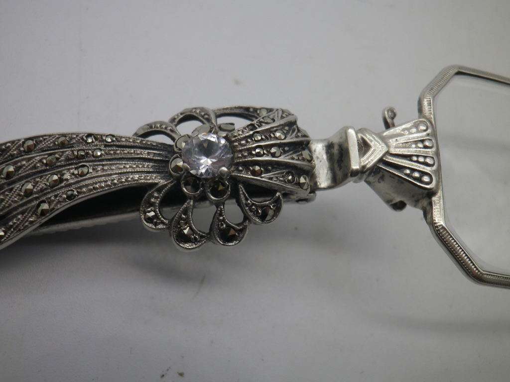 FOR ANDREA ONLY PLEASE!! Victorian Silver, Marcasite & Crystal Folding LORGNETTE Opera Glasses