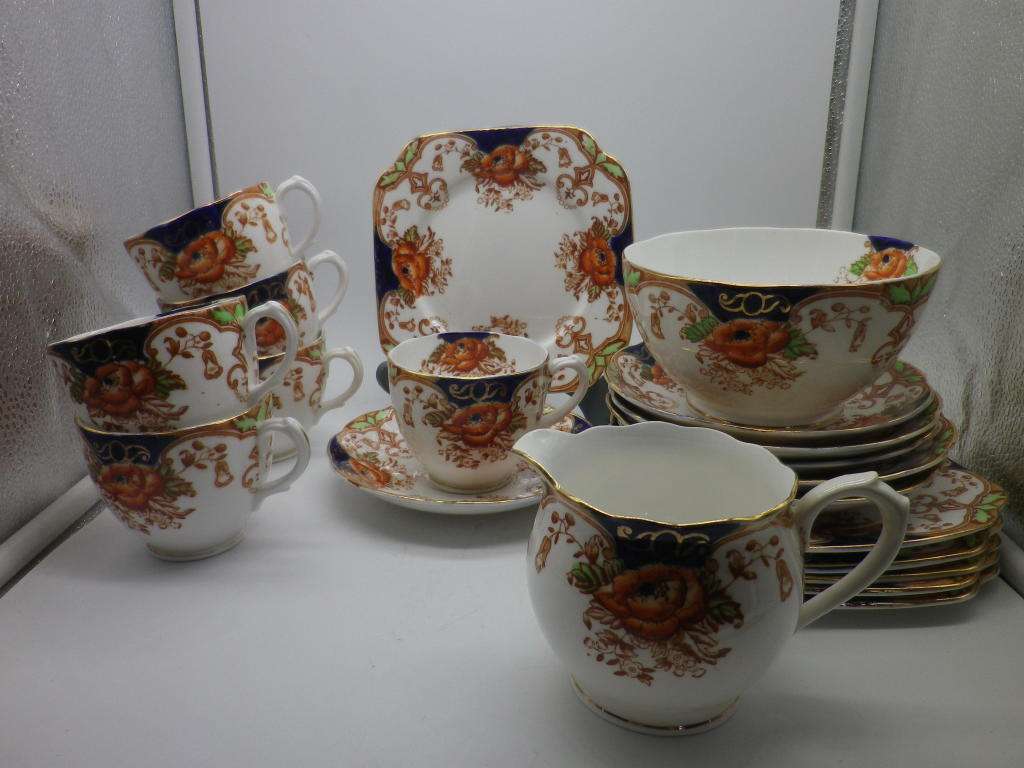 FOR ELSABE!!! BELL CHINA 20 PIECE IMARI DESIGN TEA SET. 6 trios, sugar bowl and creamer.