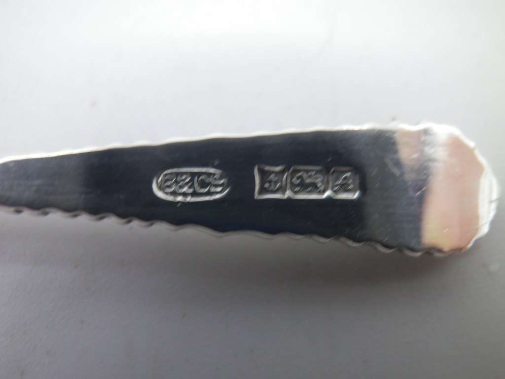 Hallmarked silver salt spoon. Birmingham 1975. Blow & co. approx 7.2cm. approx 5 g