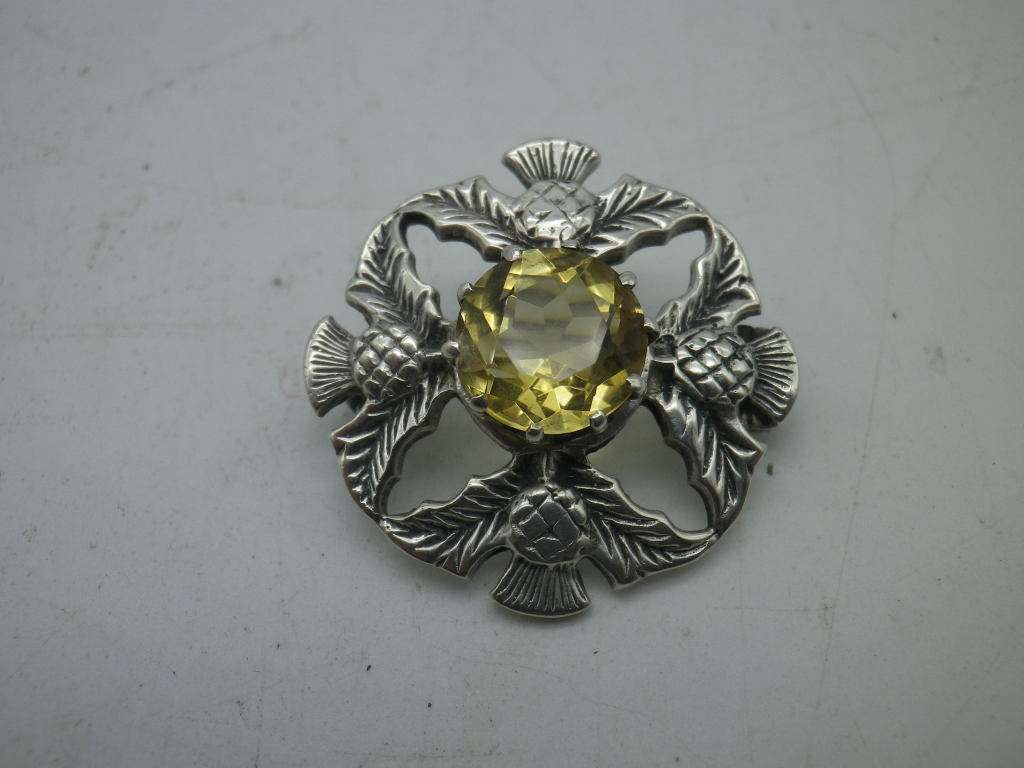 SCOTTISH Celtic Hallmarked Sterling Silver & Citrine Thistle Brooch. Iona. 3cm