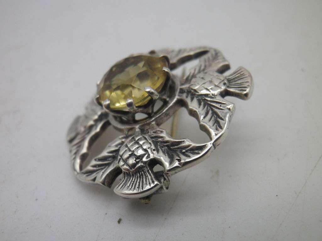 SCOTTISH Celtic Hallmarked Sterling Silver & Citrine Thistle Brooch. Iona. 3cm