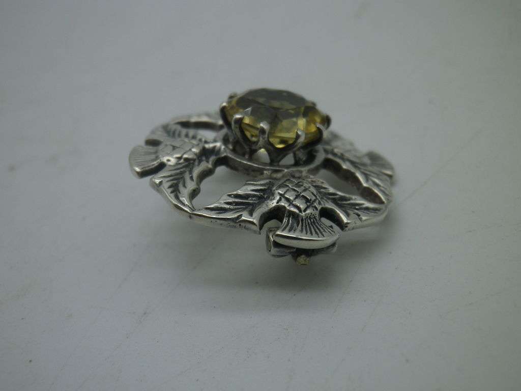 SCOTTISH Celtic Hallmarked Sterling Silver & Citrine Thistle Brooch. Iona. 3cm