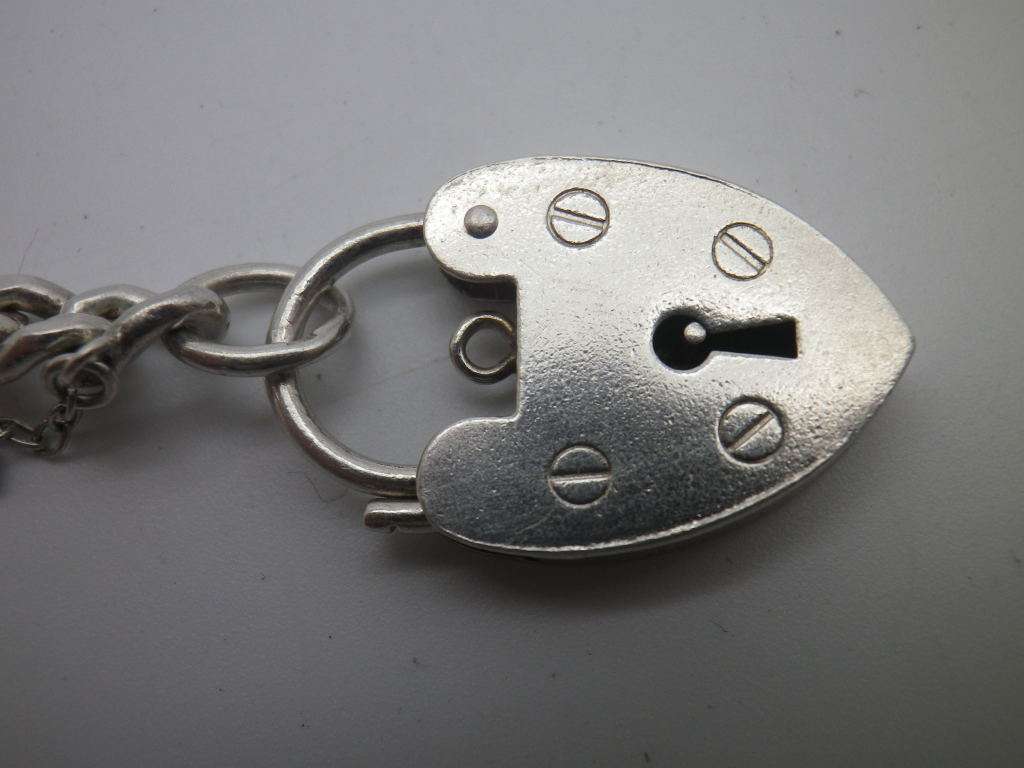 Hallmarked Sterling Silver Vintage Charm bracelet B/ham 1991 Padlock clasp. 21g 2 charms 18.5cm