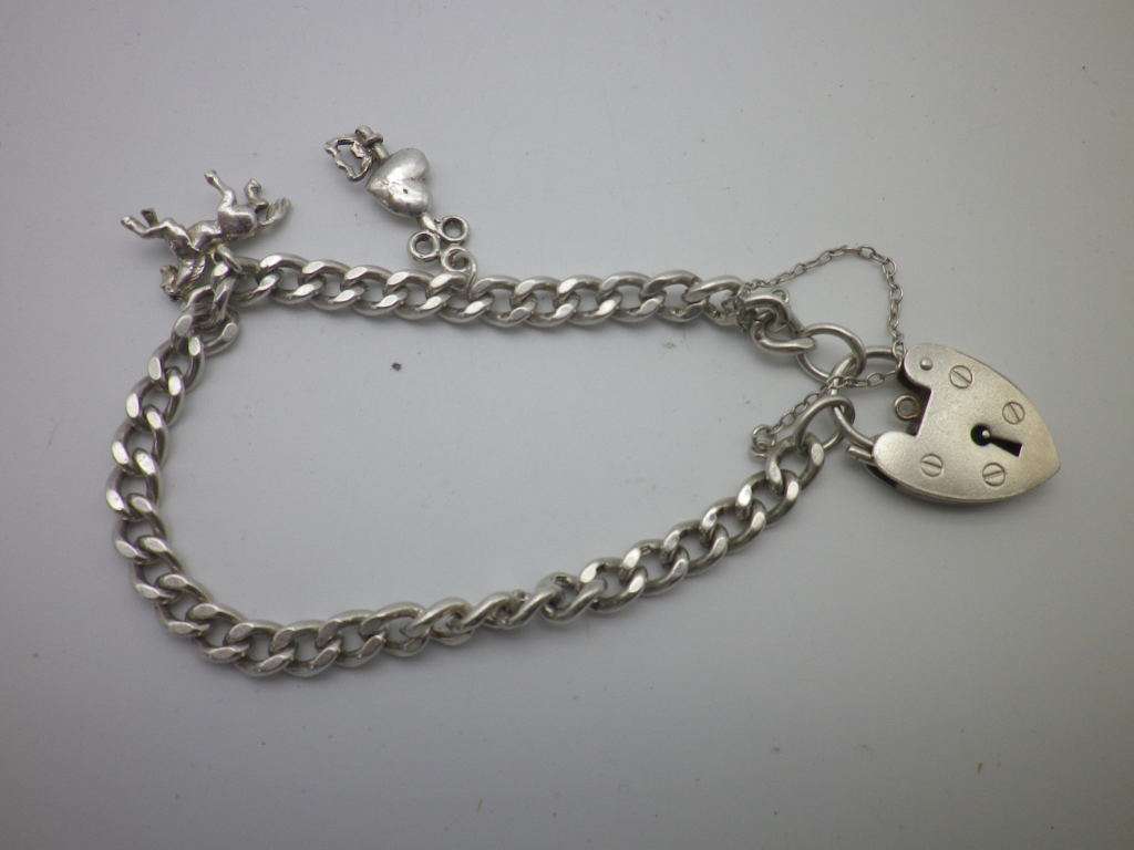 Hallmarked Sterling Silver Vintage Charm bracelet B/ham 1991 Padlock clasp. 21g 2 charms 18.5cm