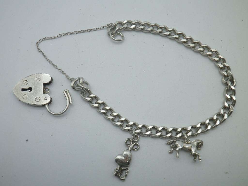 Hallmarked Sterling Silver Vintage Charm bracelet B/ham 1991 Padlock clasp. 21g 2 charms 18.5cm