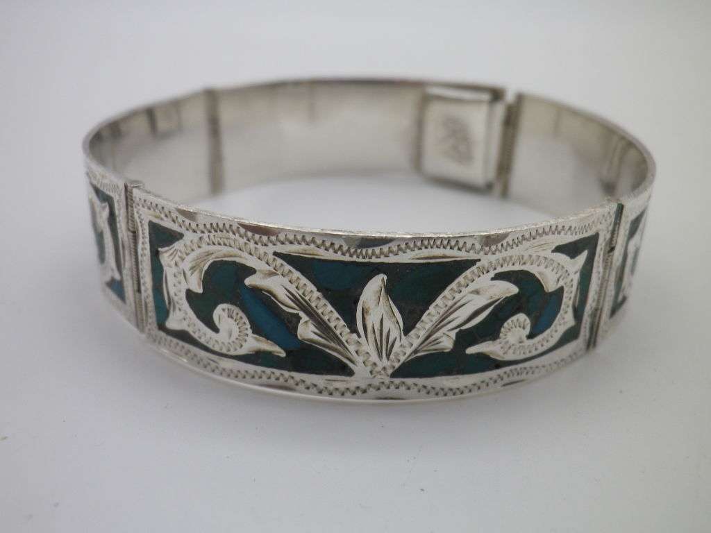 925 Silver & Turquoise 4 hinge panel clip on Bangle. Mexico. 25g. 5.7 x 5.5 inner diameter