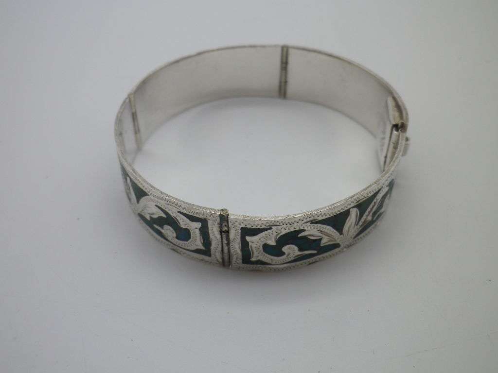 925 Silver & Turquoise 4 hinge panel clip on Bangle. Mexico. 25g. 5.7 x 5.5 inner diameter