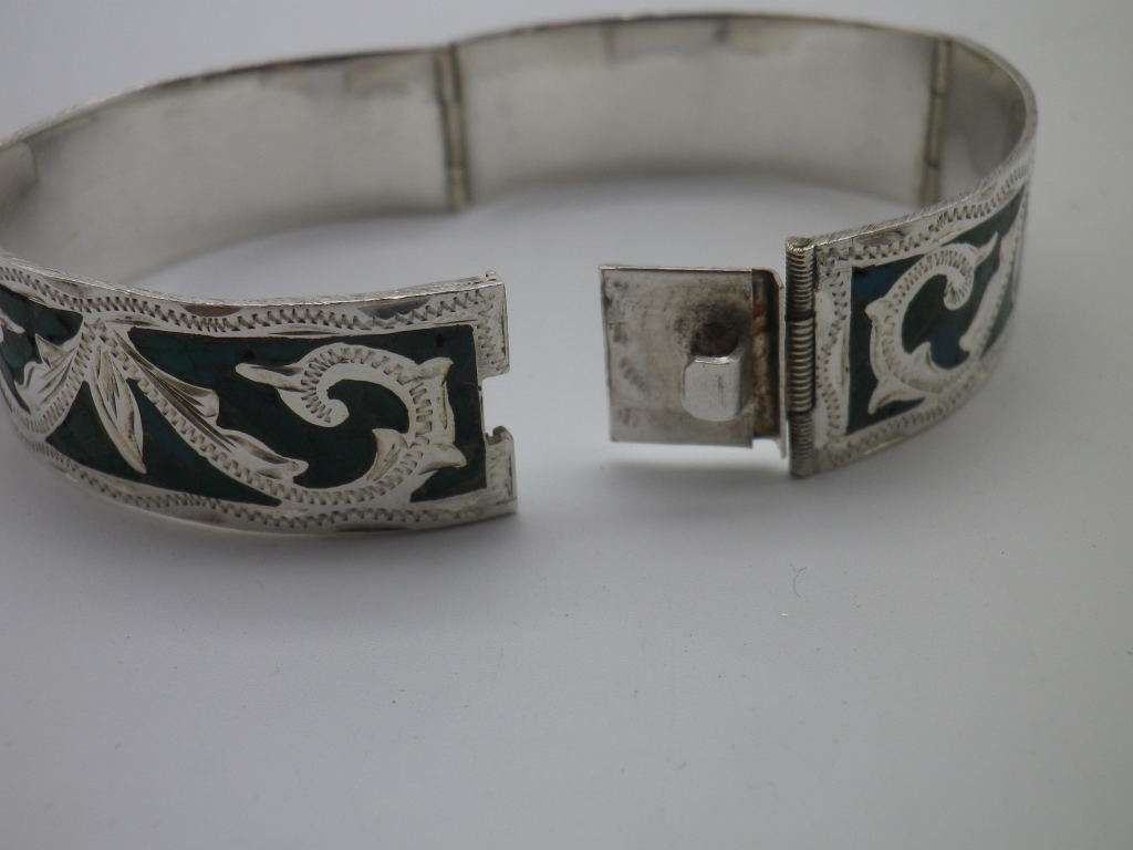 925 Silver & Turquoise 4 hinge panel clip on Bangle. Mexico. 25g. 5.7 x 5.5 inner diameter