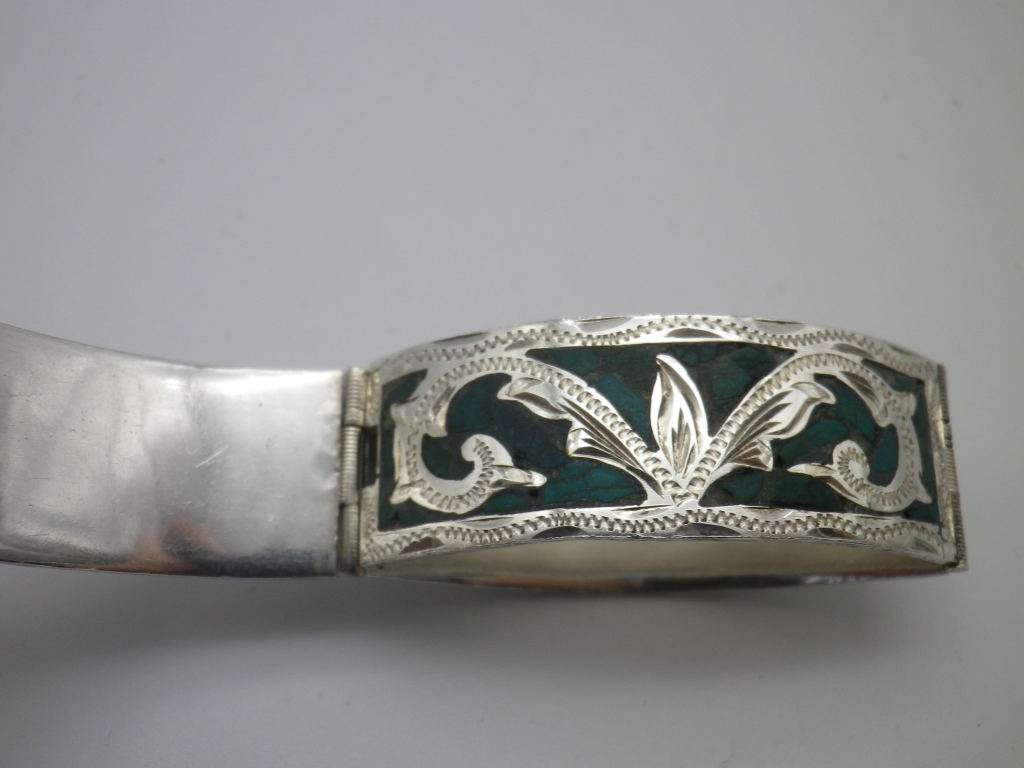 925 Silver & Turquoise 4 hinge panel clip on Bangle. Mexico. 25g. 5.7 x 5.5 inner diameter