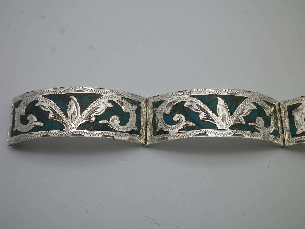 925 Silver & Turquoise 4 hinge panel clip on Bangle. Mexico. 25g. 5.7 x 5.5 inner diameter