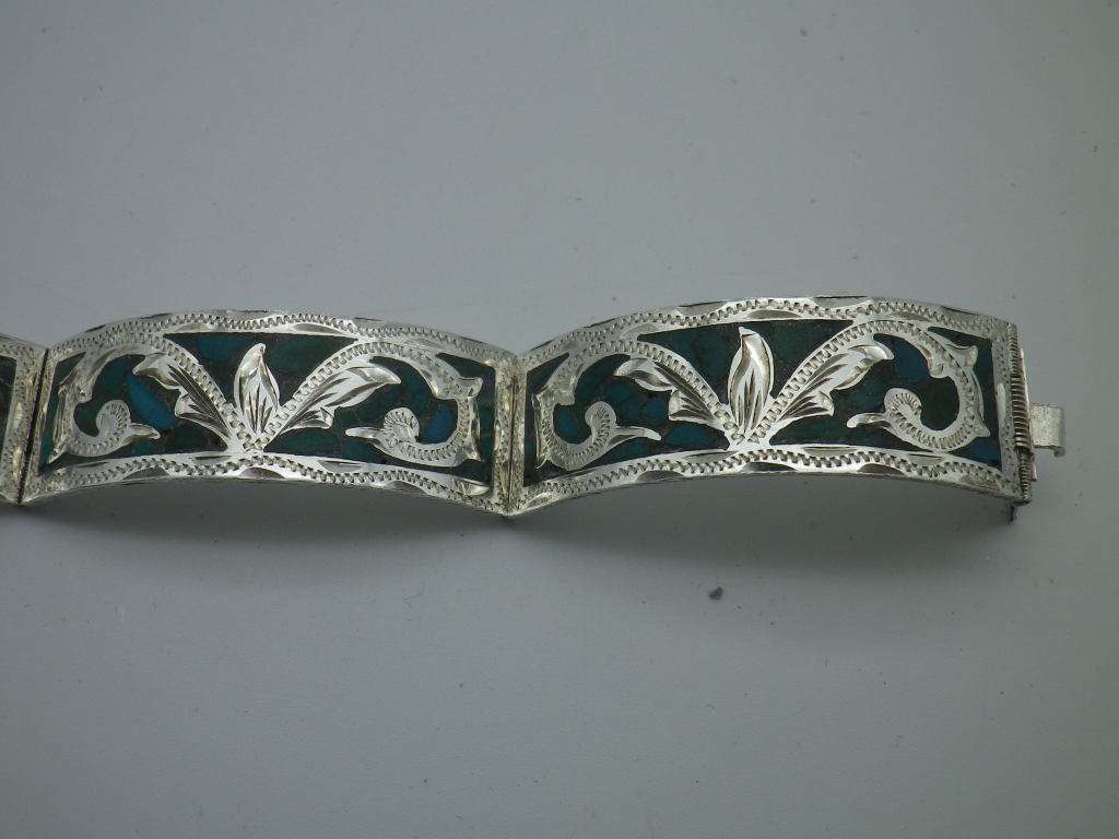 925 Silver & Turquoise 4 hinge panel clip on Bangle. Mexico. 25g. 5.7 x 5.5 inner diameter