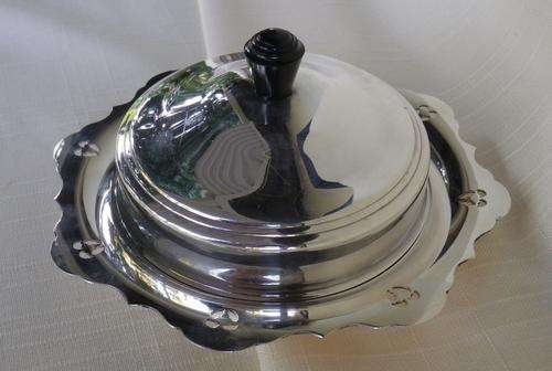 BEAUTIFUL art-deco style quality EPNS (ANGORA, Eng) BUTTER DISH. GLASS LINER, BAKELITE HANDLE Mint