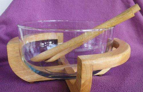 Round glass SALAD BOWL in unusual wooden stand, with matching servers. FRESH CONTEMPORARY DESIGN.