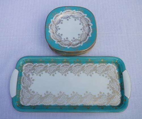WOW! c1940s 7-piece VINTAGE green & gold XMAS MINCE PIE/sandwich SERVING SET ALKA BAVARIA APART 16