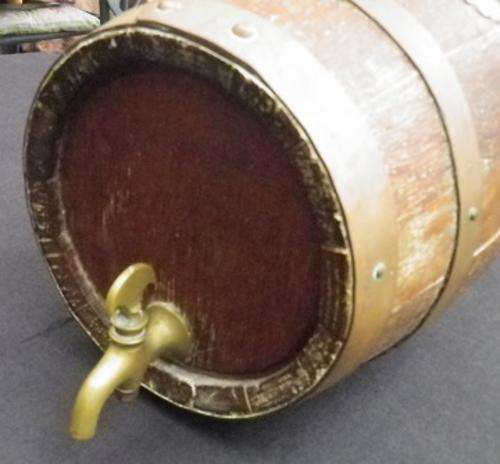 AWESOME Oak & brass WINE CASK with BRASS TAP on a wooden stand