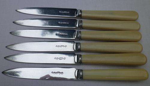MARVELOUS SET OF 6  BONE-HANDLED FRUIT KNIVES WITH QUALITY SILVER-PLATED BLADES