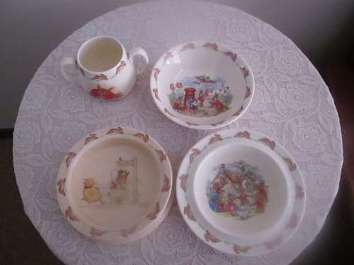 ROYAL DOULTON  BUNNYKINS MUG, 2 BOWLS AND RIMMED BOWL BY BABARA VERNON