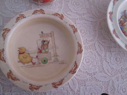 ROYAL DOULTON  BUNNYKINS MUG, 2 BOWLS AND RIMMED BOWL BY BABARA VERNON