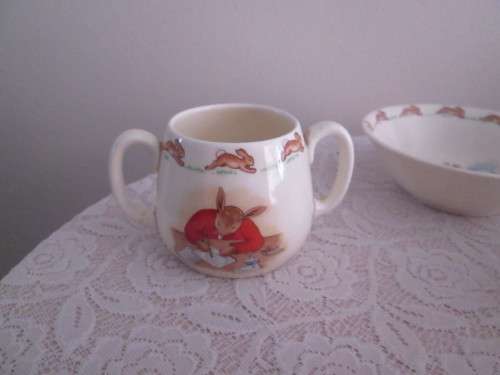 ROYAL DOULTON  BUNNYKINS MUG, 2 BOWLS AND RIMMED BOWL BY BABARA VERNON