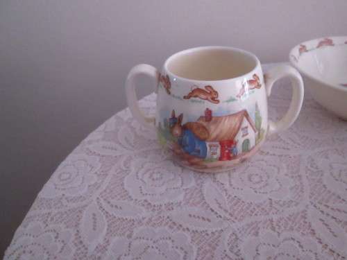 ROYAL DOULTON  BUNNYKINS MUG, 2 BOWLS AND RIMMED BOWL BY BABARA VERNON