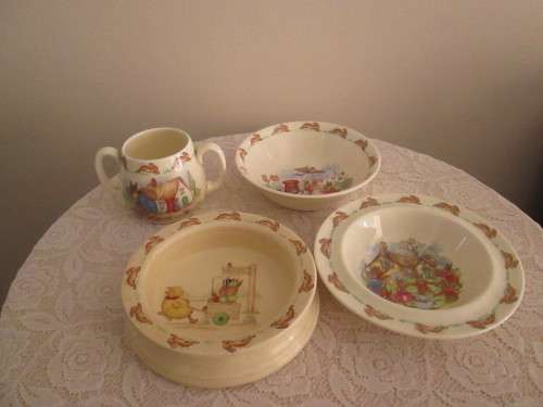 ROYAL DOULTON  BUNNYKINS MUG, 2 BOWLS AND RIMMED BOWL BY BABARA VERNON
