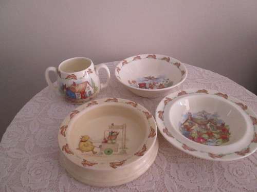 ROYAL DOULTON  BUNNYKINS MUG, 2 BOWLS AND RIMMED BOWL BY BABARA VERNON