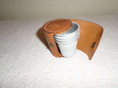 LEATHER HOLDER WITH 4 METAL SHOT CUPS (MADE IN ENGLAND) GOOD FOR FOX HUNTING EARLY IN THE MORNING !