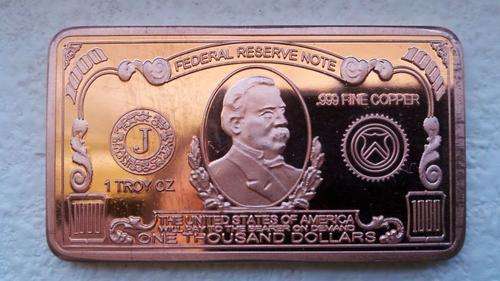 1 Troy Oz Copper $1000 Dollar Bar