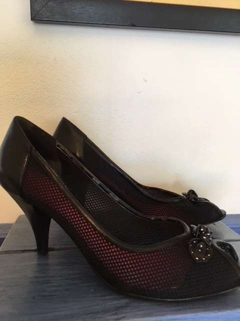 Black mesh peep toe kitten heels by Guess