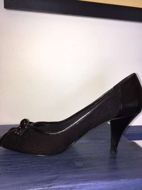 Black mesh peep toe kitten heels by Guess