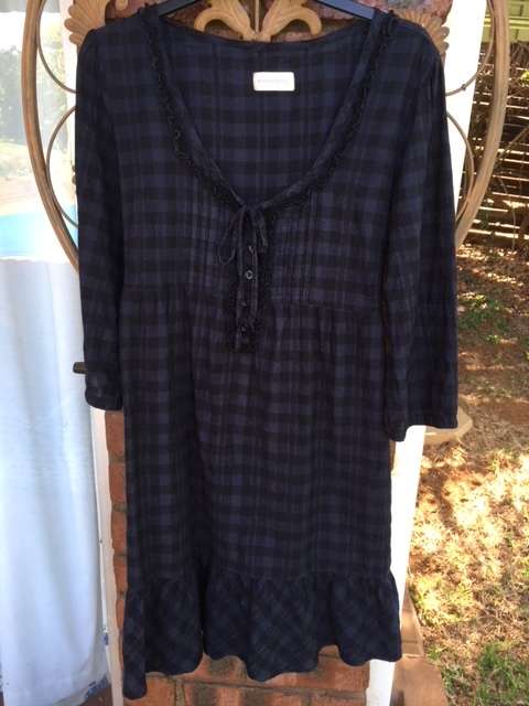 Dark blue and black check dress with empire line and back tie