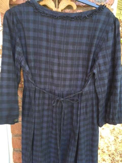 Dark blue and black check dress with empire line and back tie