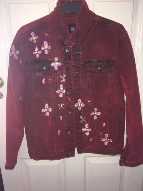 Dragon Cherry Blossom Painted Red Denim Jacket