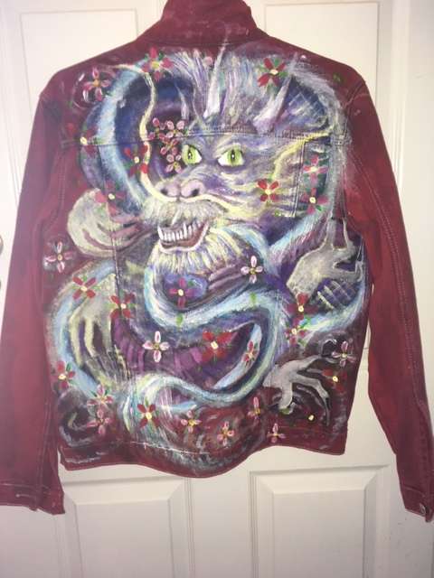 Dragon Cherry Blossom Painted Red Denim Jacket