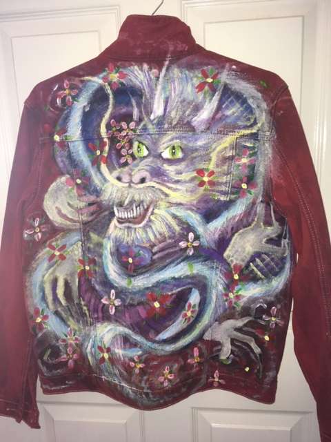 Dragon Cherry Blossom Painted Red Denim Jacket