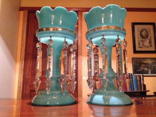Pair of Victorian Blue Opaline Lustres