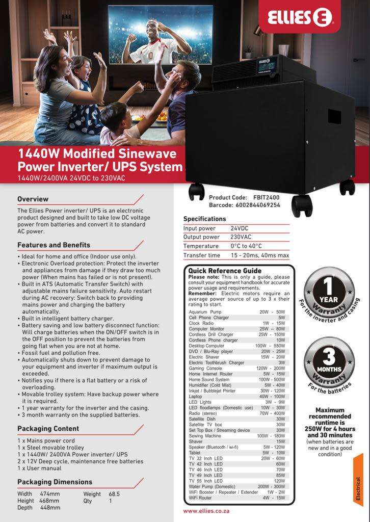 Ellies  1440 W/2400 VA  Inverter  Kit with Trolley + Batteries