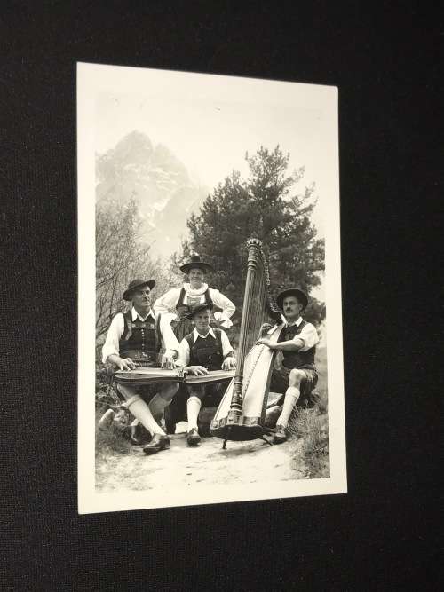 1930`S AUSTRIAN LIENZ MOUNTAIN HARP PLAYER & MUSICIANS POSTCARD