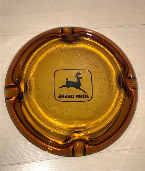 LARGE JOHN DEERE AMBER GLASS ASHTRAY