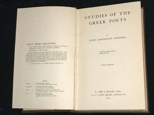 STUDIES OF THE GREEK POETS BY JOHN ADDINGTON SYMONDS 1920
