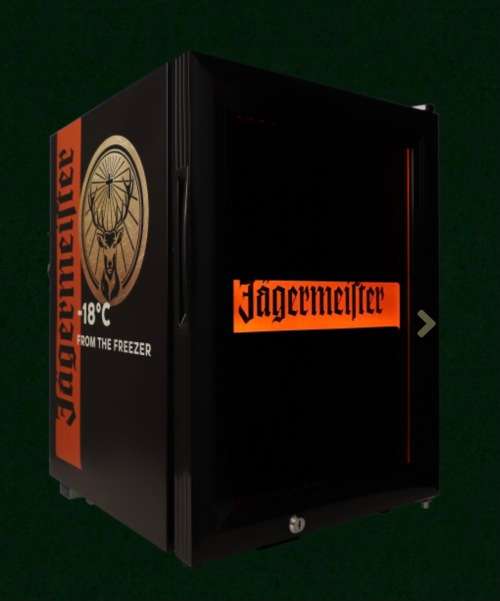 JAGERMEISTER MINI FREEZER , SHOT GLASSES AND FLAG