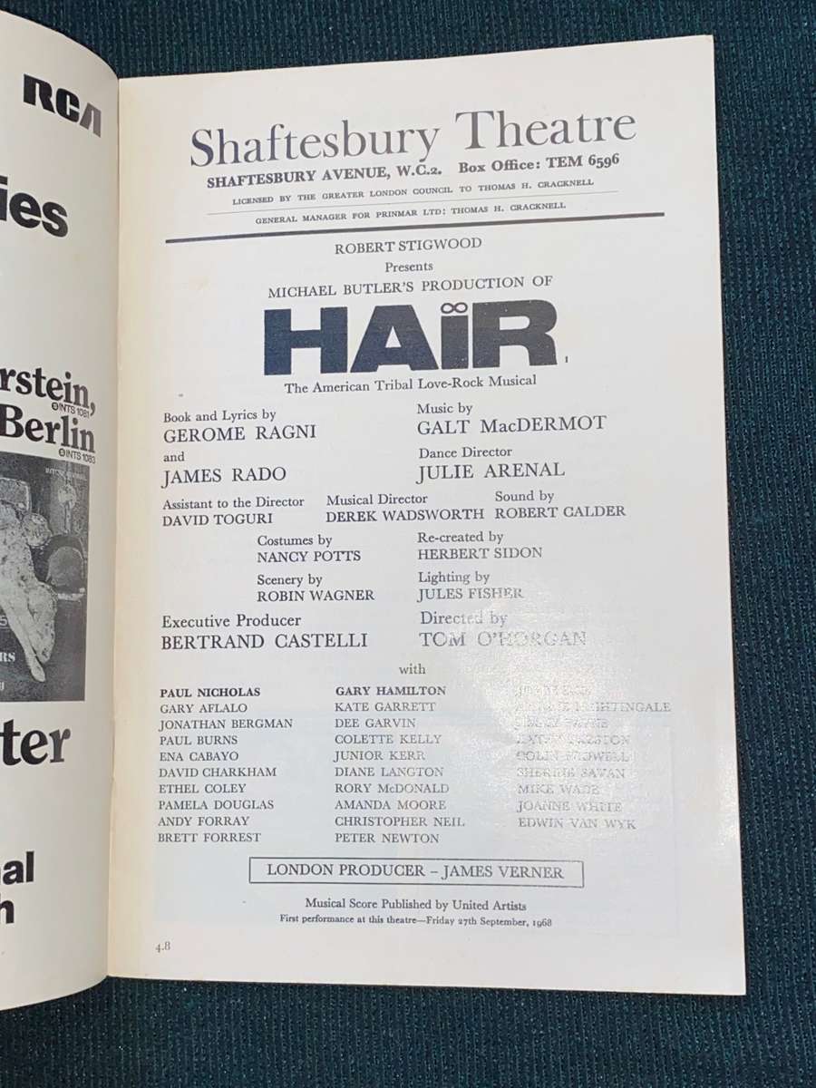 HAIR PLAYBILL PROGRAMME - SHAFTESBURY THEATRE