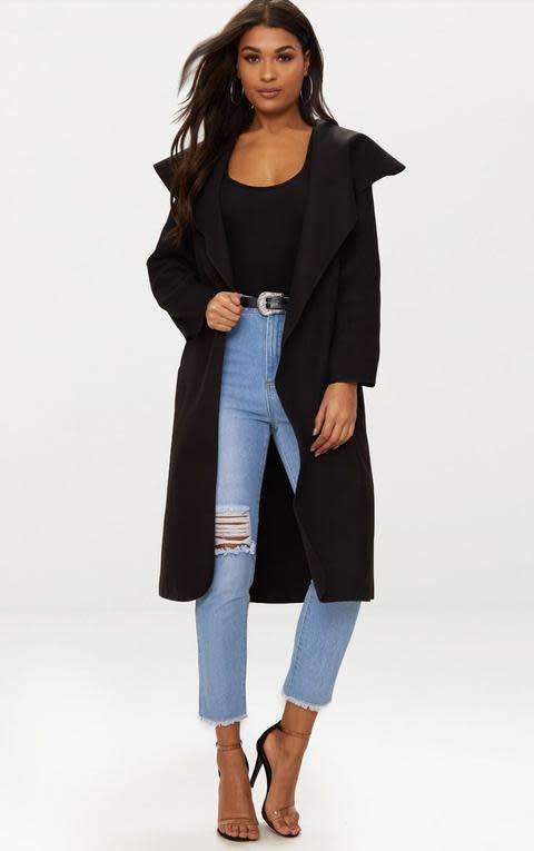 PRETTY LITTLE THING - Veronica Black Oversized Waterfall Belt Coat