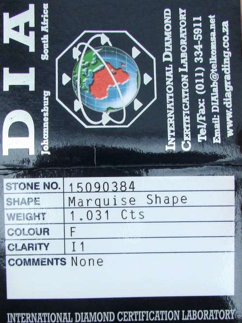 **CERTIFIED [R76911]** MASSIVE [1.031ct] MARQUISE CUT [COLOUR F] DIAMOND [SOUTH AFRICA] - BUY SAFE